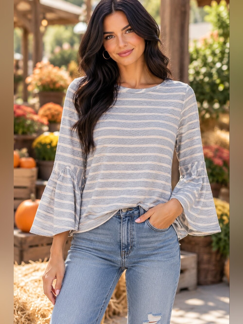 Striped Bell Sleeve Top - Gray and Pink